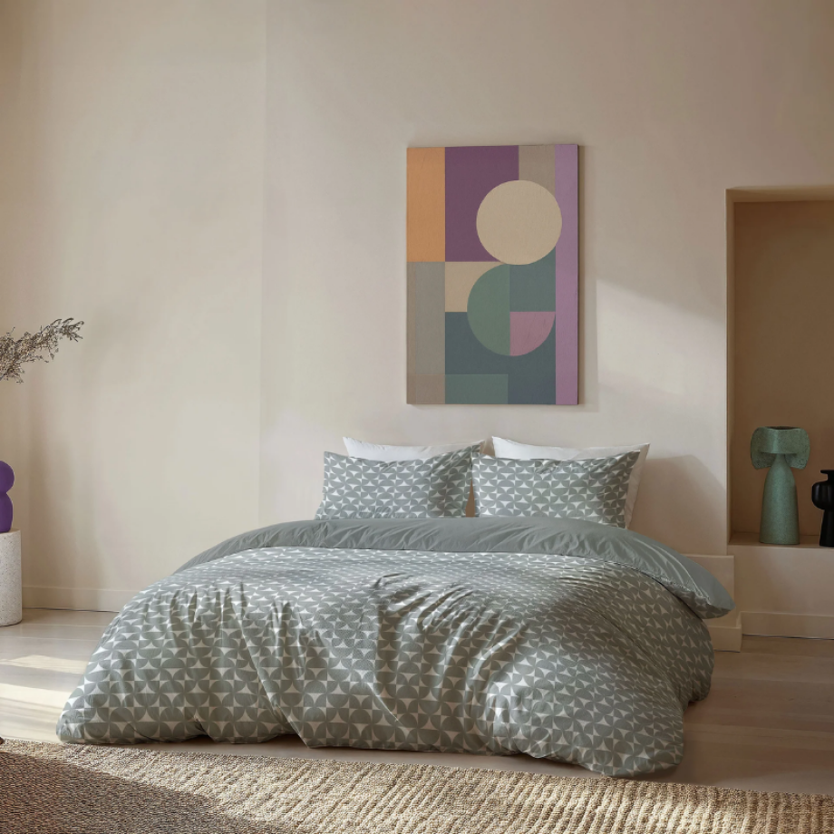 Dekbedovertrek Arc Fusion - Eenpersoons (140x200 Cm) - Groen & Wit Microvezel - - Byrklund - Dekbed-Discounter.nl afbeelding 1