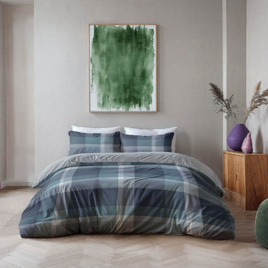 Dekbedovertrek Preppy Squares - Tweepersoons (200x200 Cm) - Blauw Microvezel - - Byrklund - Dekbed-Discounter.nl afbeelding 1
