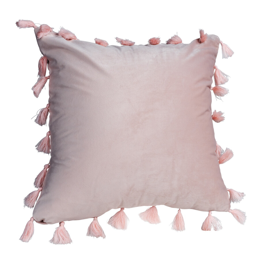 QUVIO Kussenhoes met franjes - 45 x 45 cm - Lichtroze afbeelding 1