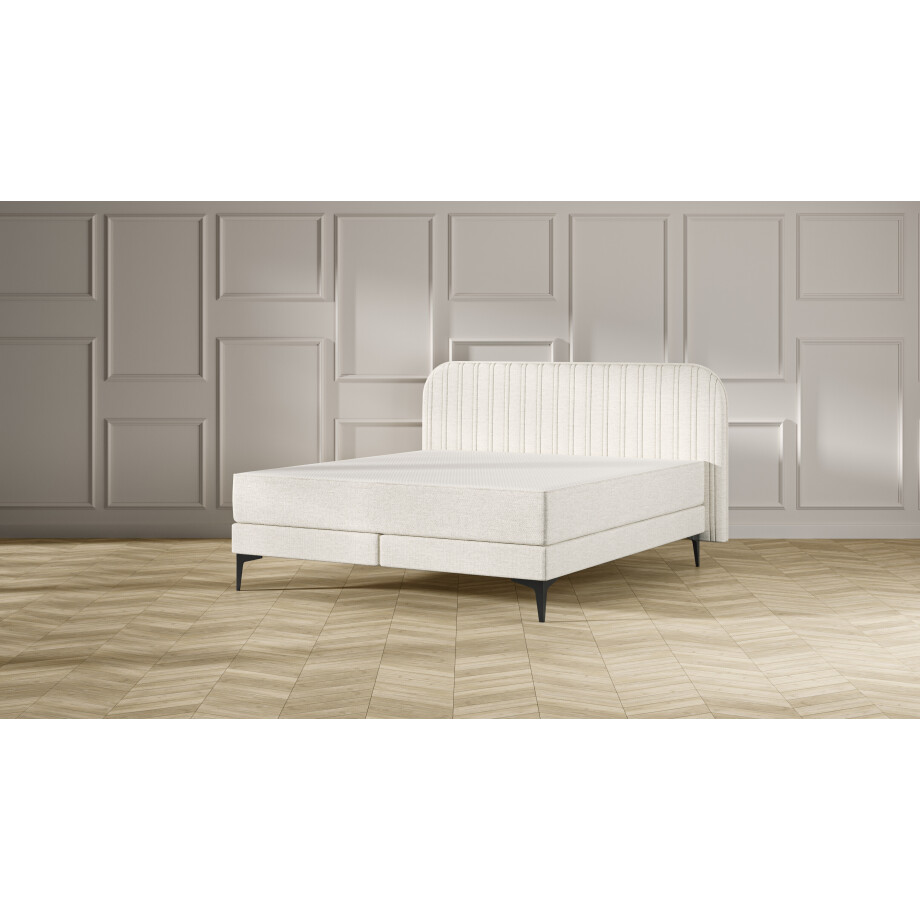 Emma Signature Boxspring Bed 200x200 - Beige - Strepen Hoofdbord - Zwart metaal Pootjes afbeelding 
