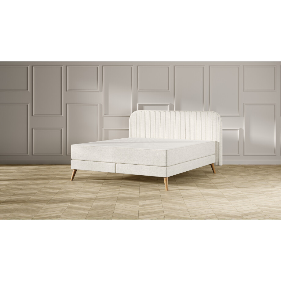 Emma Signature Boxspring Bed 200x200 - Beige - Strepen Hoofdbord - Beukenhout Pootjes afbeelding 