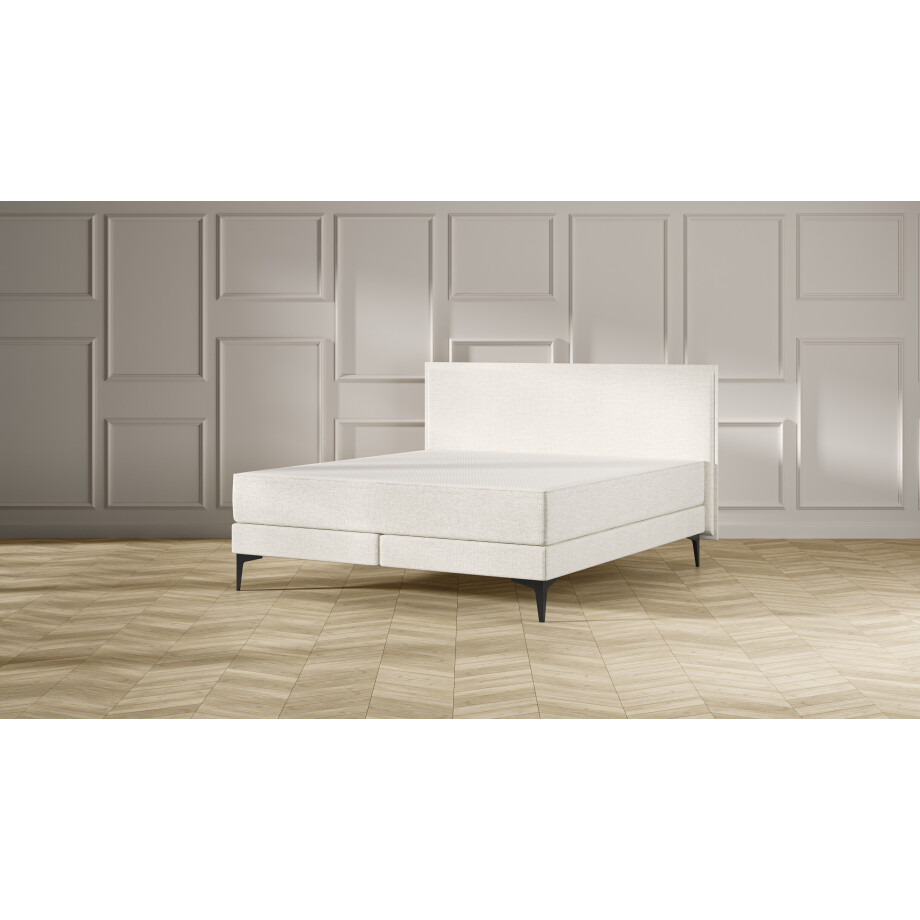 Emma Signature Boxspring Bed 160x200 - Beige - Effen Hoofdbord - Zwart metaal Pootjes afbeelding 