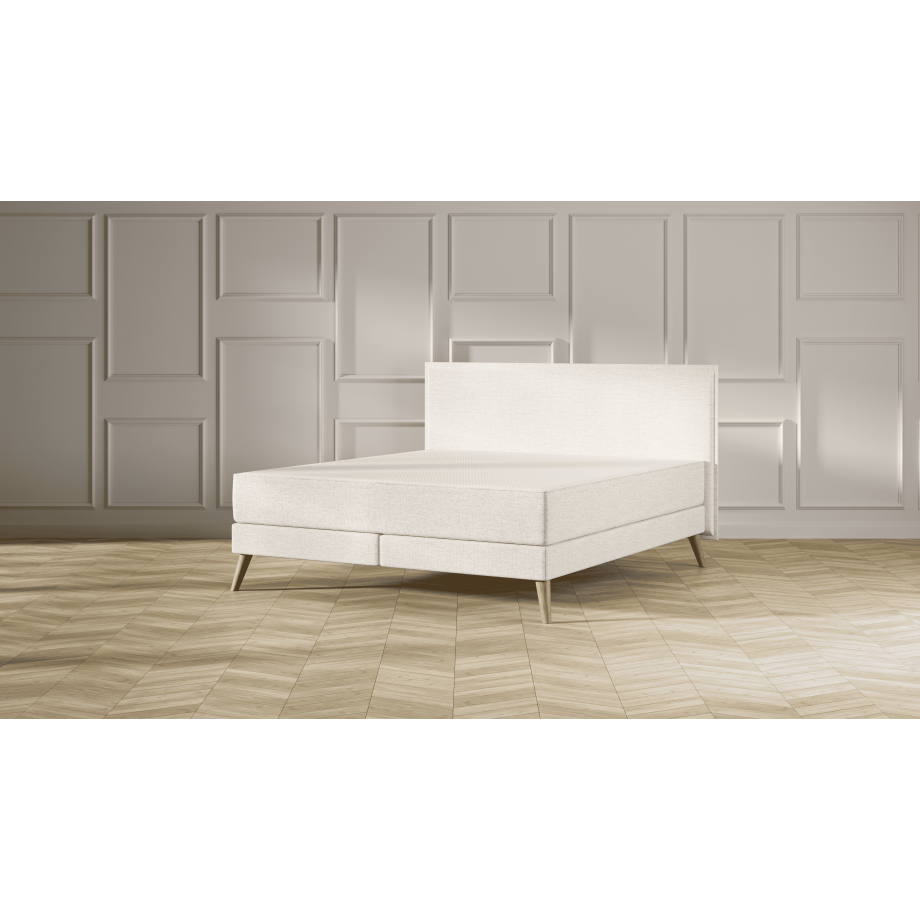 Emma Signature Boxspring Bed 140x200 - Beige - Strepen Hoofdbord - Beukenhout Pootjes afbeelding 