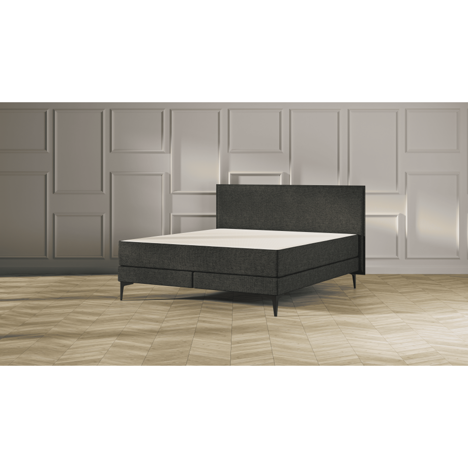 Emma Signature Boxspring Bed 200x200 - Donkergrijs - Effen Hoofdbord - Zwart metaal Pootjes afbeelding 