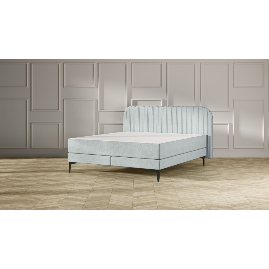 Emma Signature Boxspring Bed 160x200 - Mint - Strepen Hoofdbord - Zwart metaal Pootjes Emma Signature Boxspring Bed 160x200 - Mint - Strepen Hoofdbord - Zwart metaal Pootjes afbeelding