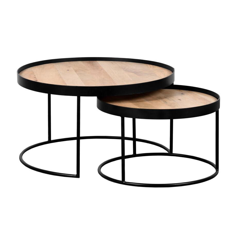 QUVIO Salontafel Sara - Set van 2 - Groot en klein - FSC®-gecertificeerd mangohout - Metaal - Zwart - Naturel afbeelding 1