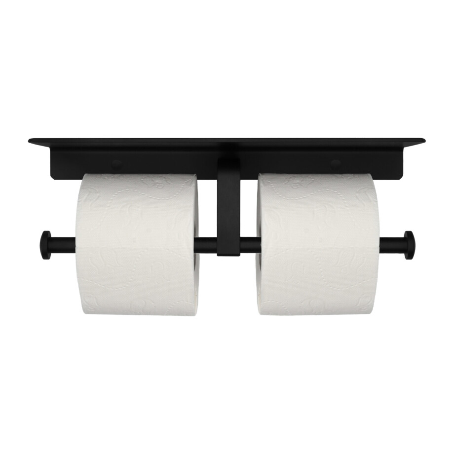 QUVIO Dubbele toiletrolhouder - Met legplank - Zwart afbeelding 1
