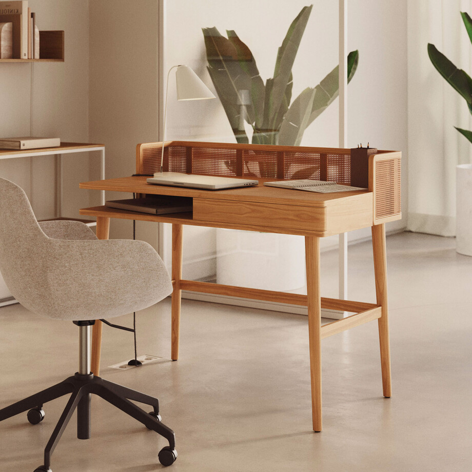 Kave Home Bureau 'Araxi' Hout en rotan, 105 x 62cm afbeelding 1