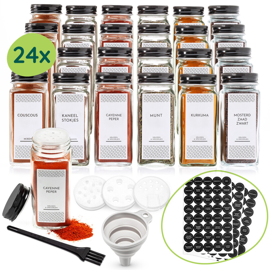 XIVADA Glazen kruidenpotjes vierkant - Stickers - Zwart - 24 stuks XIVADA Glazen kruidenpotjes vierkant - Stickers - Zwart - 24 stuks afbeelding 1