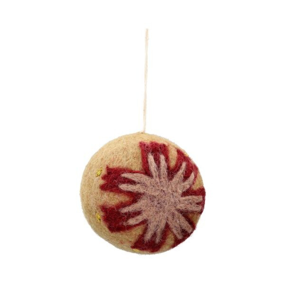 Kerstbal met rode bloem, vilt, zandkleur, Ø6 cm afbeelding 1
