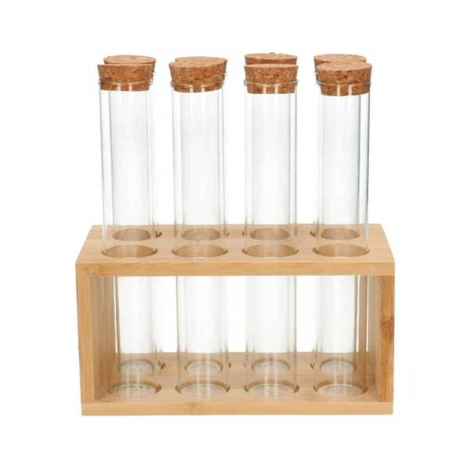 Buisjes in standaard, bamboe, glas en kurk Buisjes in standaard, bamboe, glas en kurk afbeelding