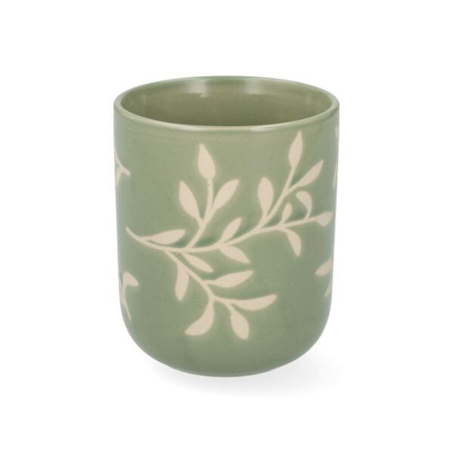 Beker, steengoed, donkergroen, takjes, 280 ml Beker, steengoed, donkergroen, takjes, 280 ml afbeelding 1