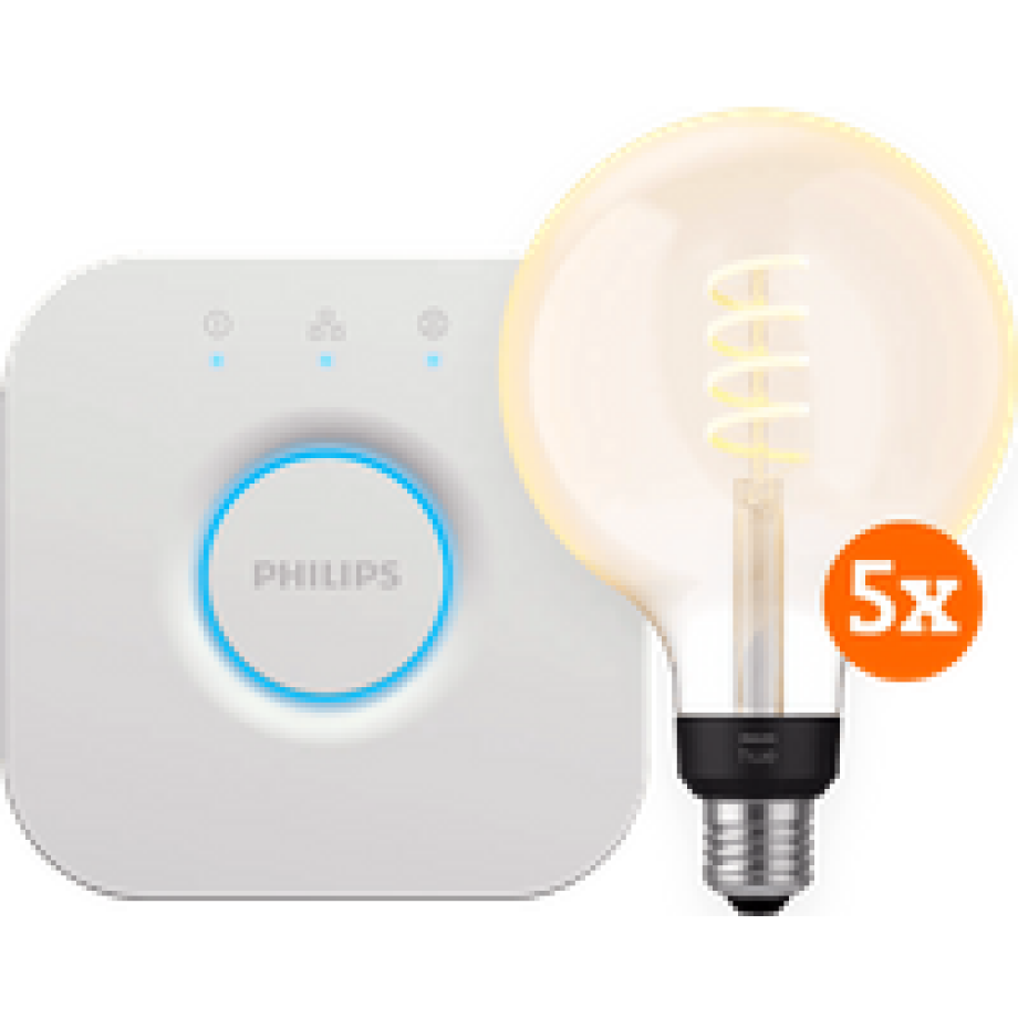 Philips Hue Filament White Ambiance Globe XL 5-Pack + Bridge Philips Hue Filament White Ambiance Globe XL 5-Pack + Bridge afbeelding
