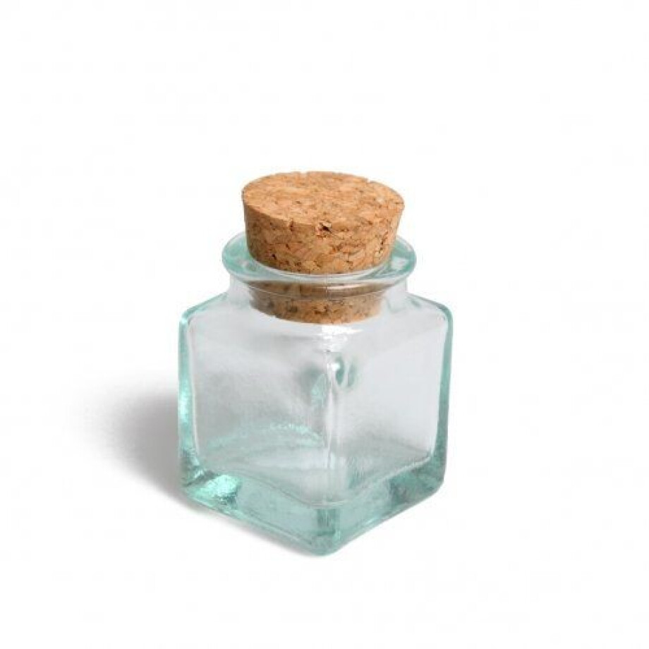 Vierkant potje met kurk, mini, groen gerecycled glas, 35 ml Vierkant potje met kurk, mini, groen gerecycled glas, 35 ml afbeelding 1