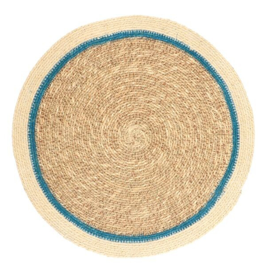 Placemat naturel, zeegras, blauwe rand,Ø38 cm afbeelding 1