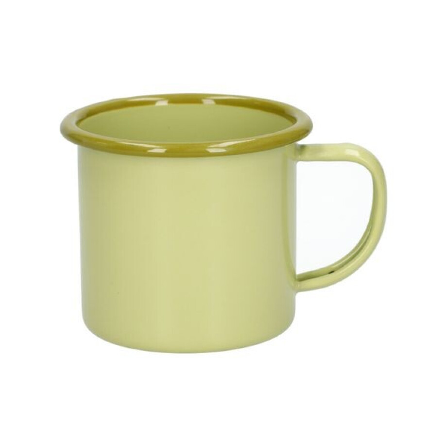 Beker met oor, emaille, olijfgroen met lichtgroen rand,Ø8 CM Beker met oor, emaille, olijfgroen met lichtgroen rand,Ø8 CM afbeelding 1