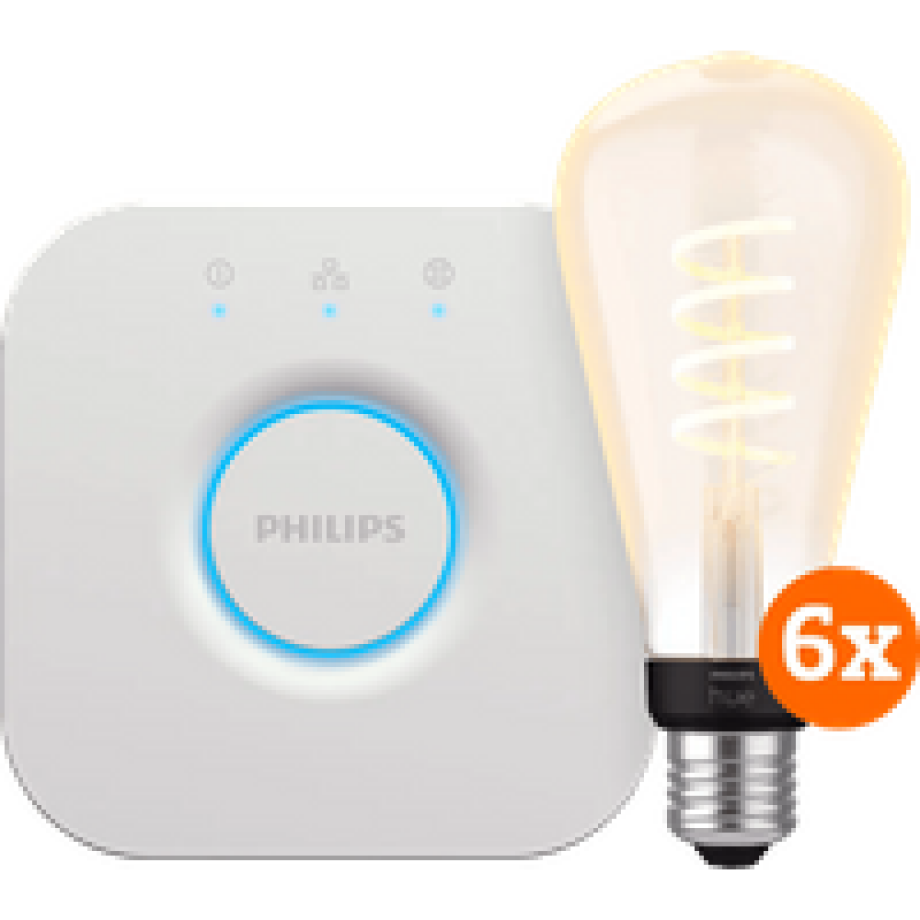 Philips Hue Filament White Ambiance Edison XL 6-Pack + Bridge Philips Hue Filament White Ambiance Edison XL 6-Pack + Bridge afbeelding