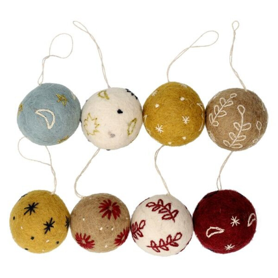 Kerstballen, vilt, met bloem, ster en maan, set van 8, Ø5 cm afbeelding 1