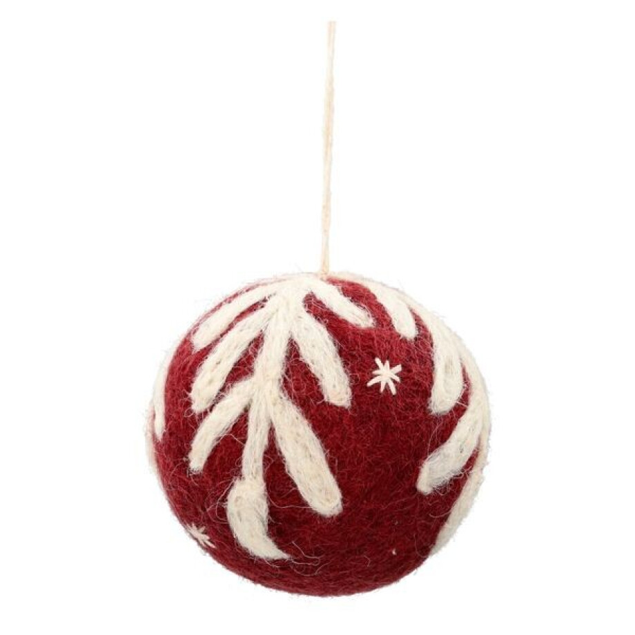 Rode kerstbal met witte tak, vilt, Ø6 cm afbeelding 1