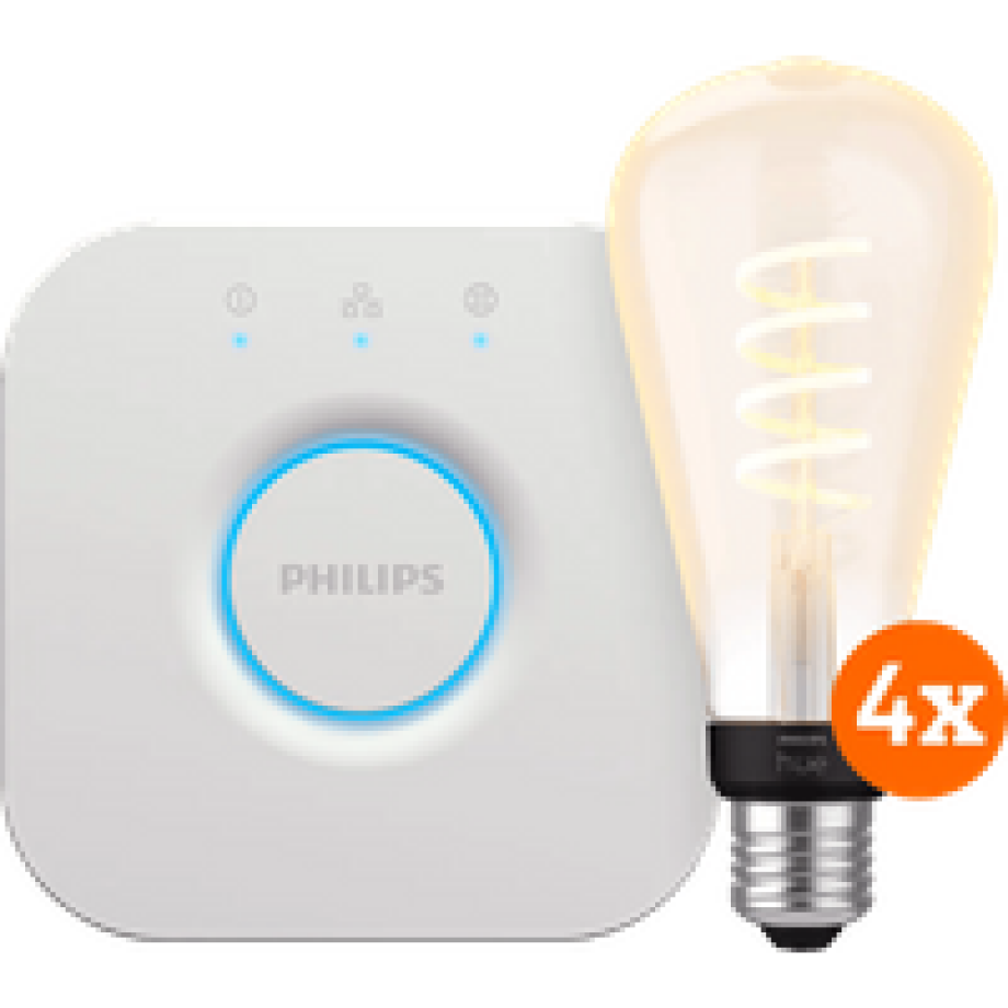 Philips Hue Filament White Ambiance Edison XL 4-Pack + Bridge afbeelding 