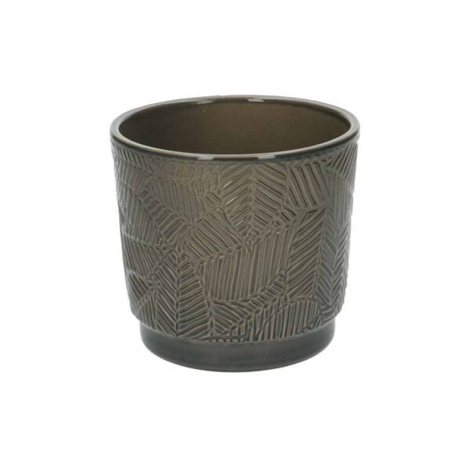 Bloempot, aardewerk, grijsgroen met palmbladmotief, Ø 14 cm Bloempot, aardewerk, grijsgroen met palmbladmotief, Ø 14 cm afbeelding 1