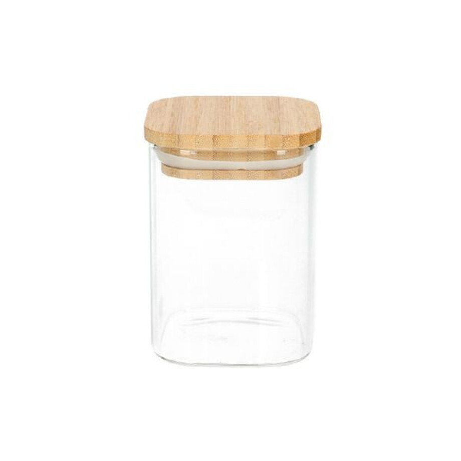 Potje vierkant, hittebestendig glas, bamboe deksel 200 ml Potje vierkant, hittebestendig glas, bamboe deksel 200 ml afbeelding