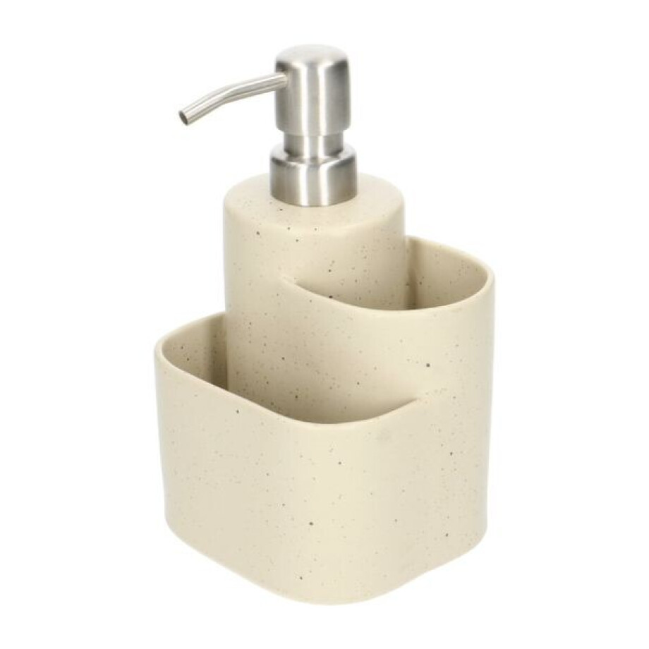 Zeeppomp met 2 houders, aardewerk en rvs, beige spikkel Zeeppomp met 2 houders, aardewerk en rvs, beige spikkel afbeelding 1