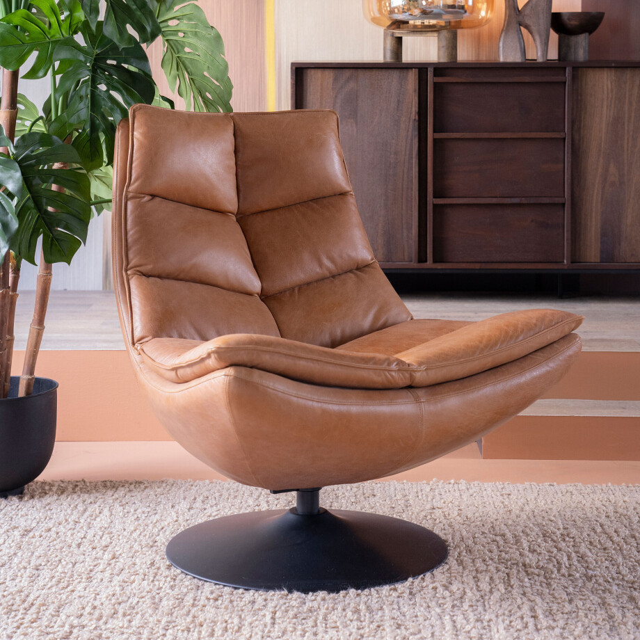 Eleonora Draaifauteuil 'Sven' Leder, kleur Cognac Eleonora Draaifauteuil 'Sven' Leder, kleur Cognac afbeelding 1