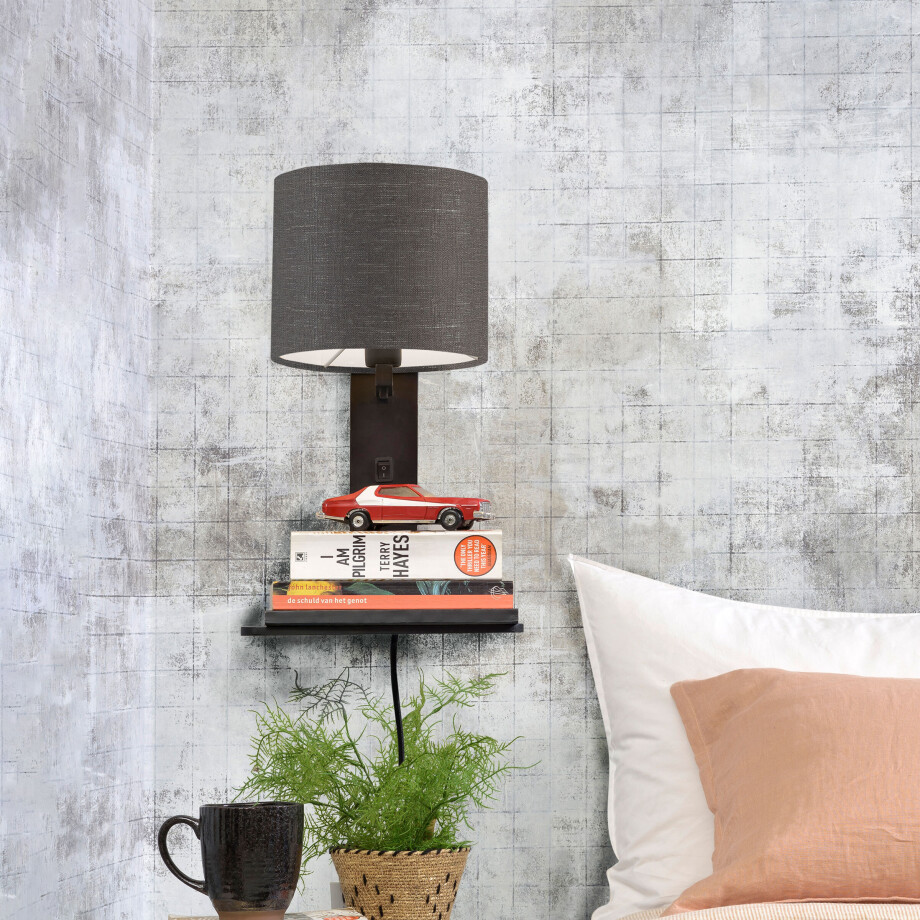 GOOD&MOJO Wandlamp 'Andes' Bamboe en Eco linnen, Met plank, kleur Donkergrijs afbeelding 1