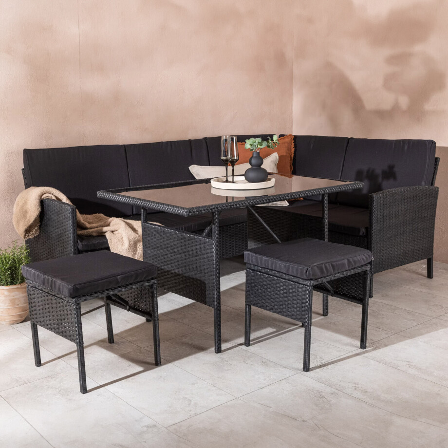 Nohr Hoek Loungeset 'Zeena' Met hoekbank, tafel en 2 krukken, kleur Zwart afbeelding 1