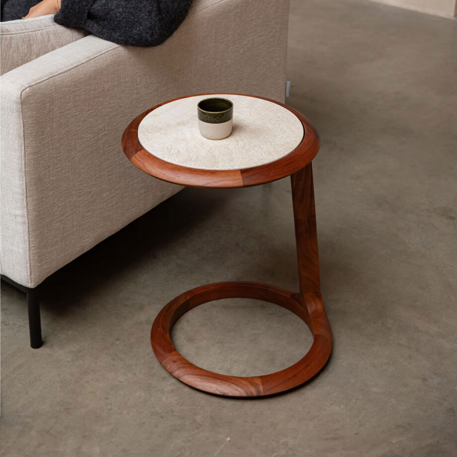 Zuiver Bijzettafel 'Doppio' Travertin en acaciahout, 45 x 41cm Zuiver Bijzettafel 'Doppio' Travertin en acaciahout, 45 x 41cm afbeelding