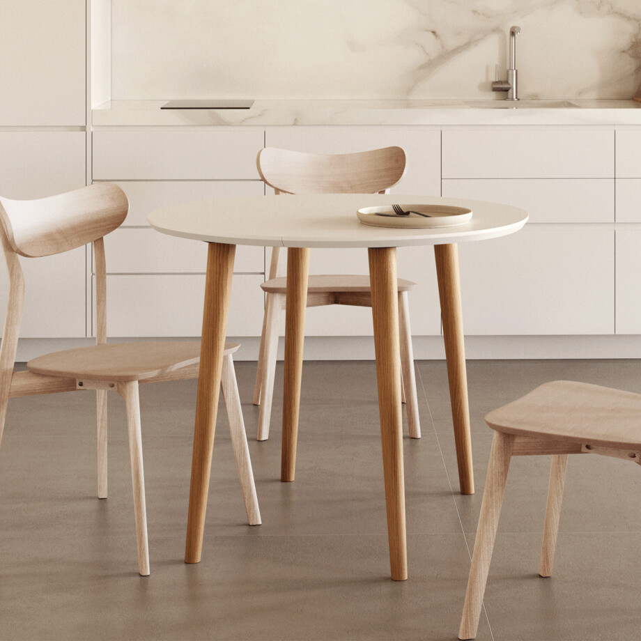 Kave Home Uitschuifbare Ronde Eettafel 'Oqui' 90 - 170 x 90cm, kleur Wit Kave Home Uitschuifbare Ronde Eettafel 'Oqui' 90 - 170 x 90cm, kleur Wit afbeelding 1