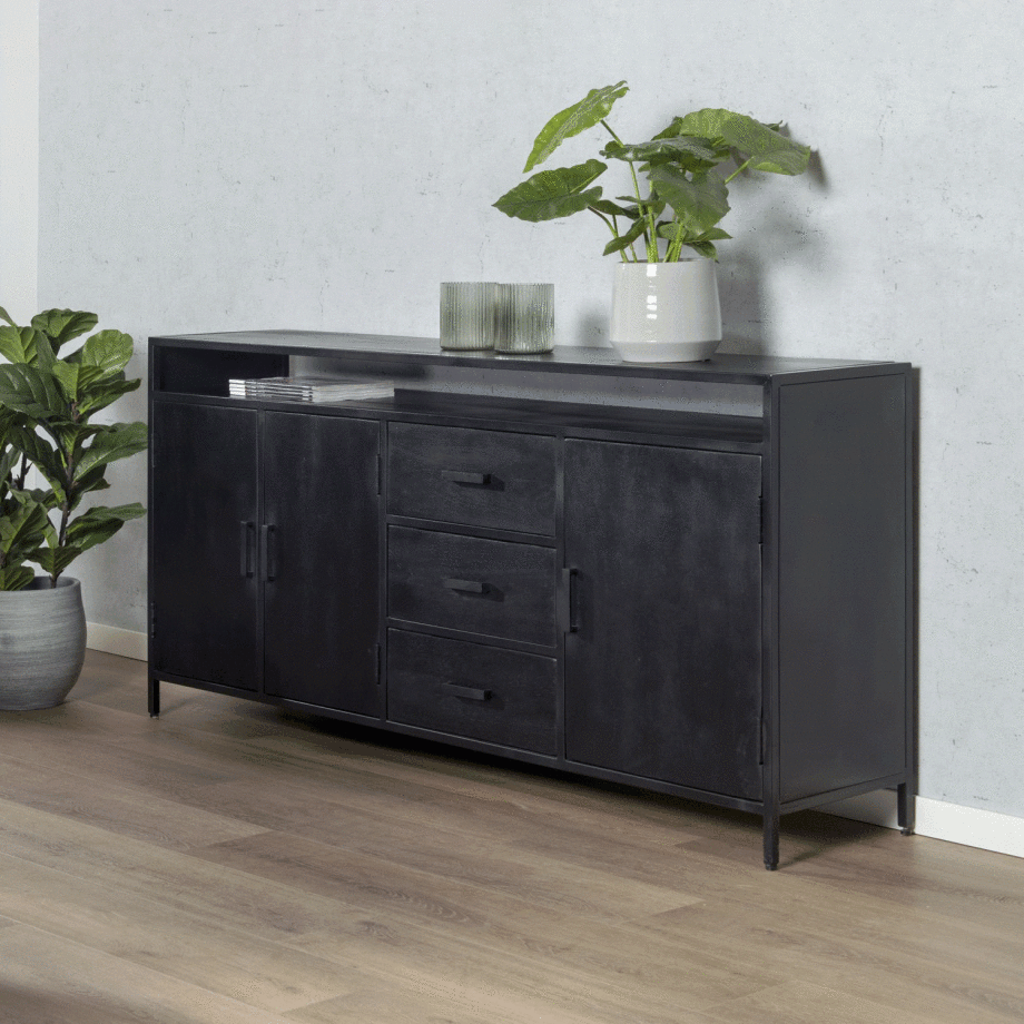 Livingfurn Dressoir 'Kala' 180cm met open vak, Mangohout, kleur zwart Livingfurn Dressoir 'Kala' 180cm met open vak, Mangohout, kleur zwart afbeelding 1