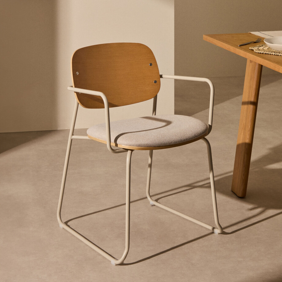 Kave Home Eetkamerstoel 'Meli' Hout en chenille, kleur Beige afbeelding 1