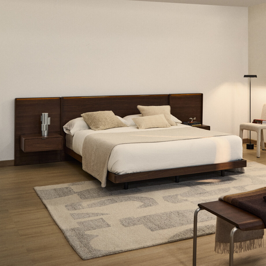 Kave Home Bed 'Norlen' Met 2 nachtkastjes, Walnootfineer, 160 x 200cm afbeelding 