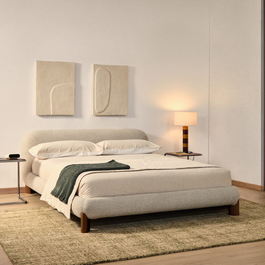 Kave Home Bed 'Odina' Bouclé, 180 x 200cm, kleur Ecru/Walnoot afbeelding 1