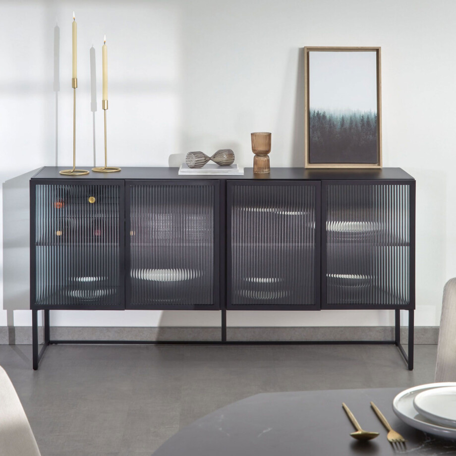 Kave Home Dressoir 'Trixie' Zwart metaal met glas, 160cm afbeelding 1