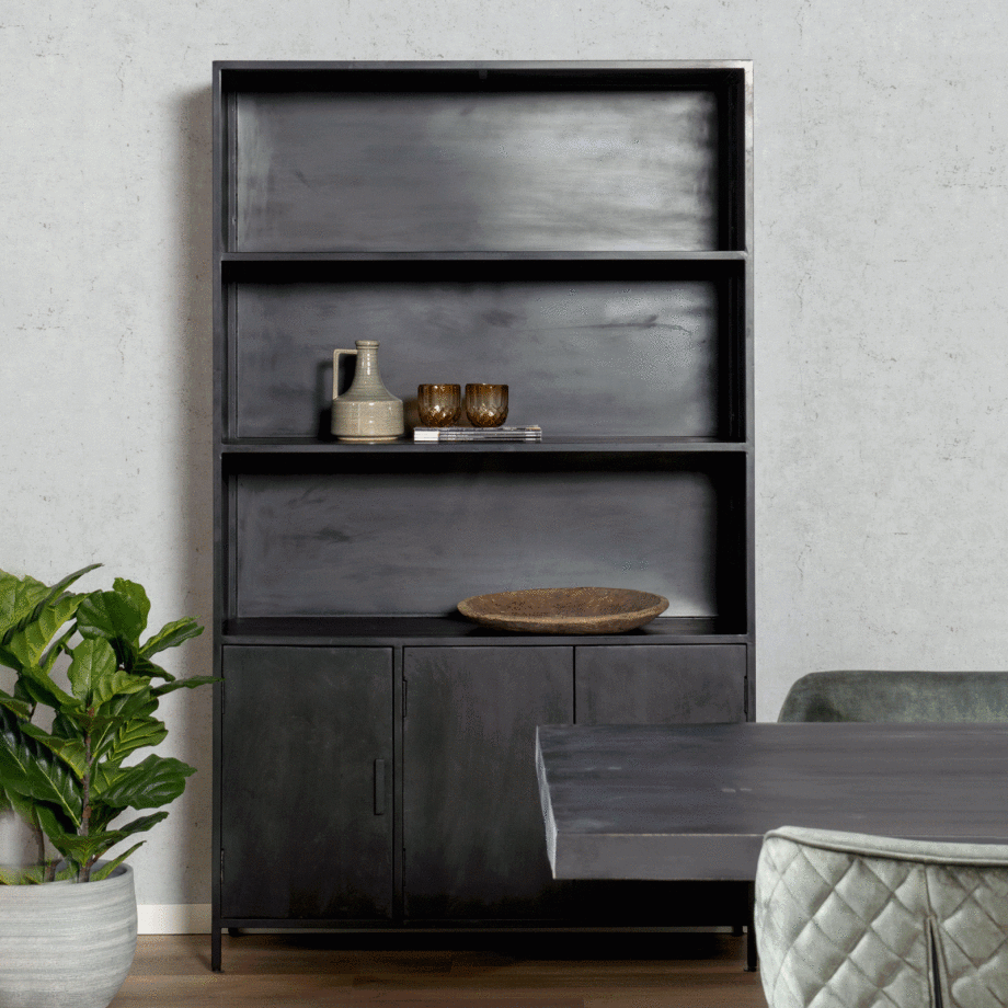 Livingfurn Wandkast 'Kala' Mangohout 200 x 120 cm, kleur Zwart Livingfurn Wandkast 'Kala' Mangohout 200 x 120 cm, kleur Zwart afbeelding