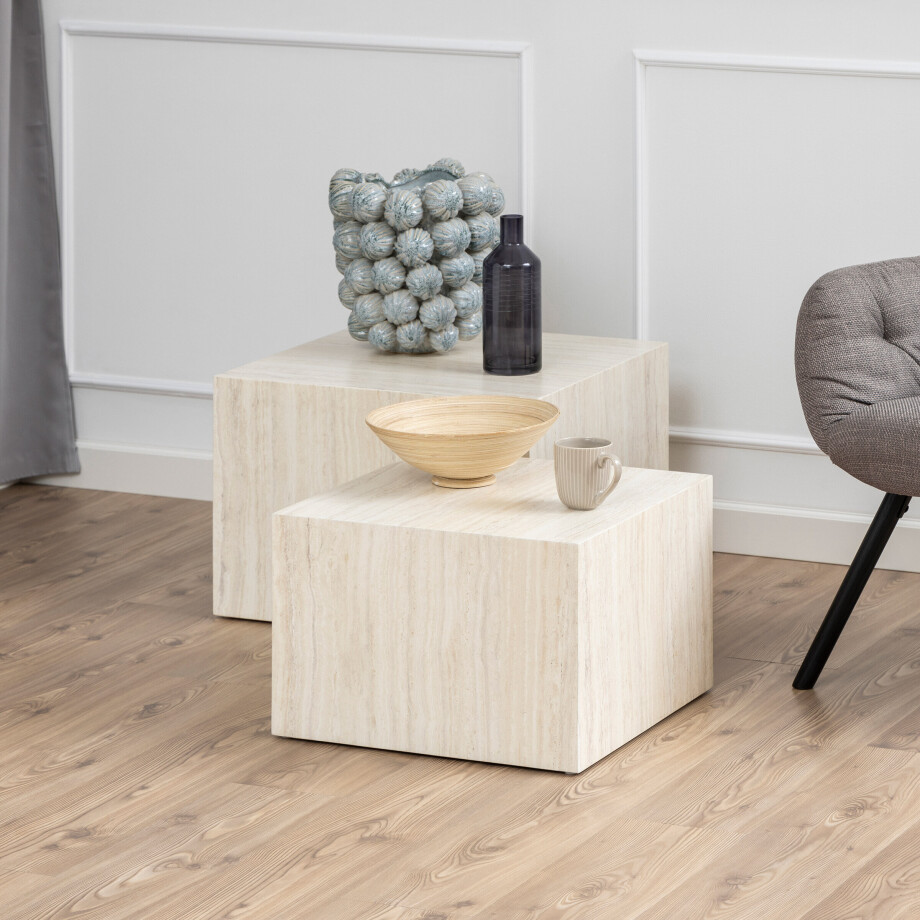 Bendt Vierkante Salontafel 'Flavian' Travertin look, Set van 2 stuks afbeelding 