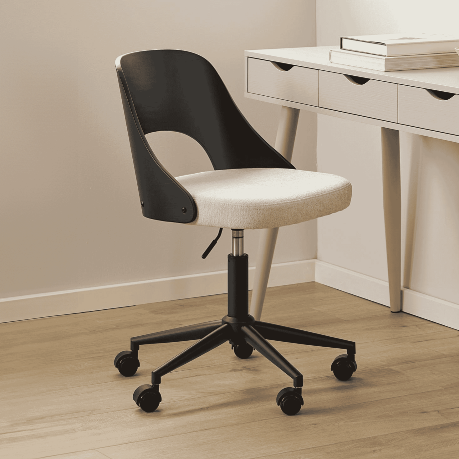 Bendt Bureaustoel 'Vila' Eiken en chenille, kleur Beige/Zwart Bendt Bureaustoel 'Vila' Eiken en chenille, kleur Beige/Zwart afbeelding 1