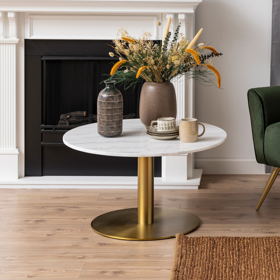 Bendt Ronde Salontafel 'Naima' wit Marmer/Brass, 80cm Bendt Ronde Salontafel 'Naima' wit Marmer/Brass, 80cm afbeelding 1