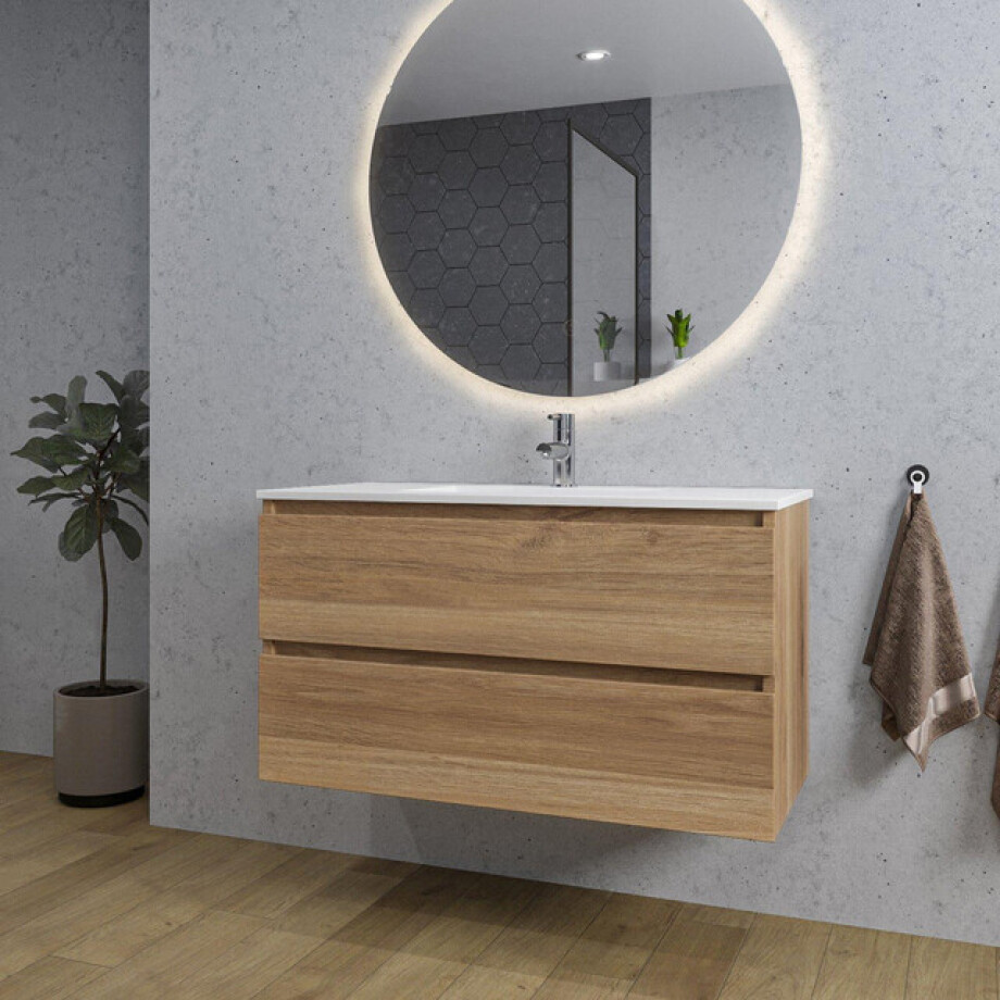 Adema Chaci Badkamermeubelset - 100x46x57cm - 1 keramische wasbak wit - 1 kraangat - 2 lades - ronde spiegel met verlichting - eiken SW1212774/SW804532/SW161922 Adema Chaci Badkamermeubelset - 100x46x57cm - 1 keramische wasbak wit - 1 kraangat - 2 lades - ronde spiegel met verlichting - eiken SW1212774/SW804532/SW161922 afbeelding 1
