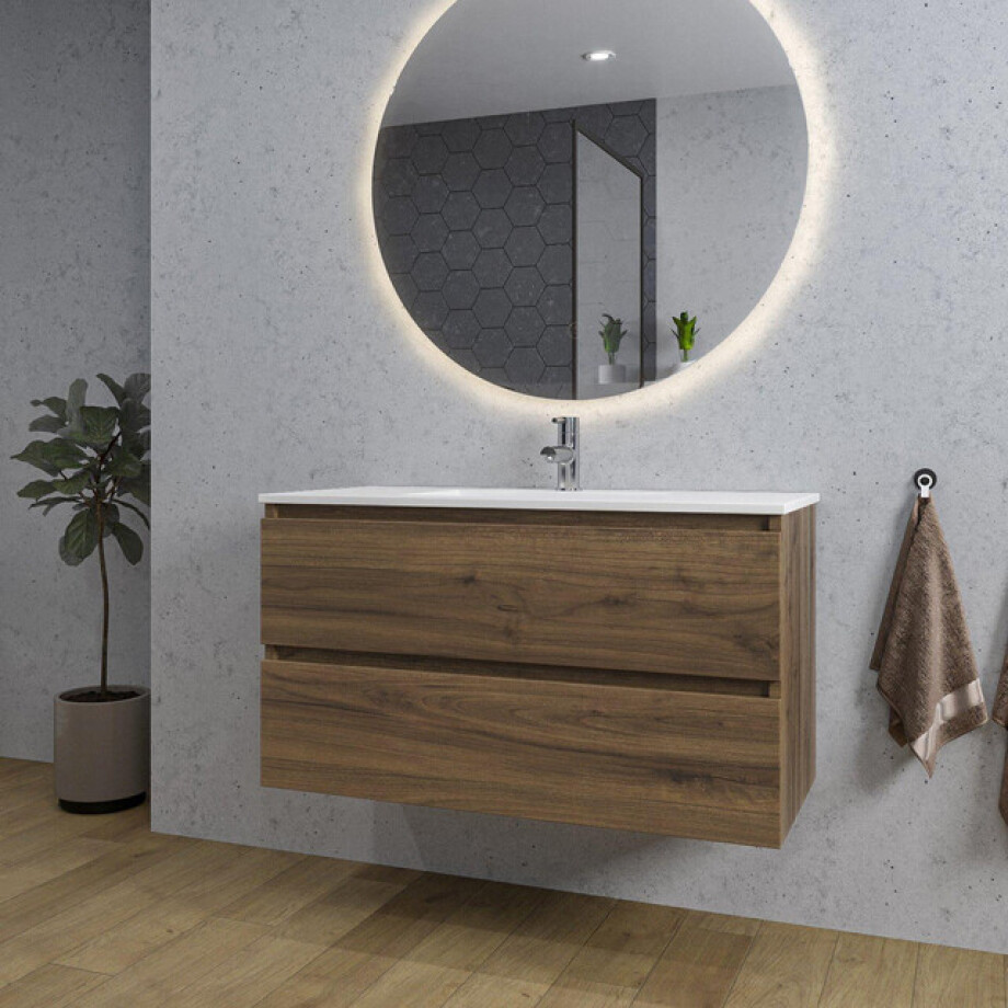 Adema Chaci Badkamermeubelset - 100x46x57cm - 1 keramische wasbak wit - 1 kraangat - 2 lades - ronde spiegel met verlichting - noten (hout) SW1212772/SW804532/SW161922 afbeelding 1