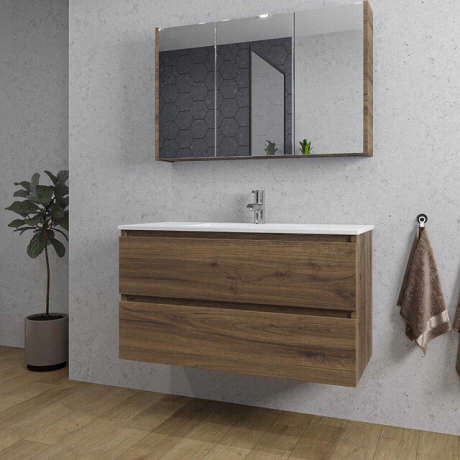 Adema Chaci Badkamermeubelset - 100x46x57cm - 1 keramische wasbak wit - 1 kraangat - 2 lades - Spiegelkast - noten (hout) SW1212772/SW1212817/SW812073/SW804532 afbeelding 1
