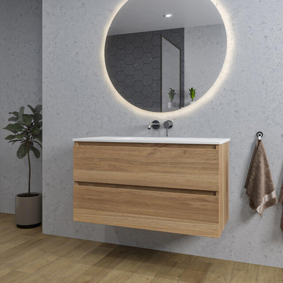 Adema Chaci Badkamermeubelset - 100x46x57cm - 1 keramische wasbak wit - zonder kraangaten - 2 lades - ronde spiegel met verlichting - eiken SW1212774/SW773927/SW161922 afbeelding 1