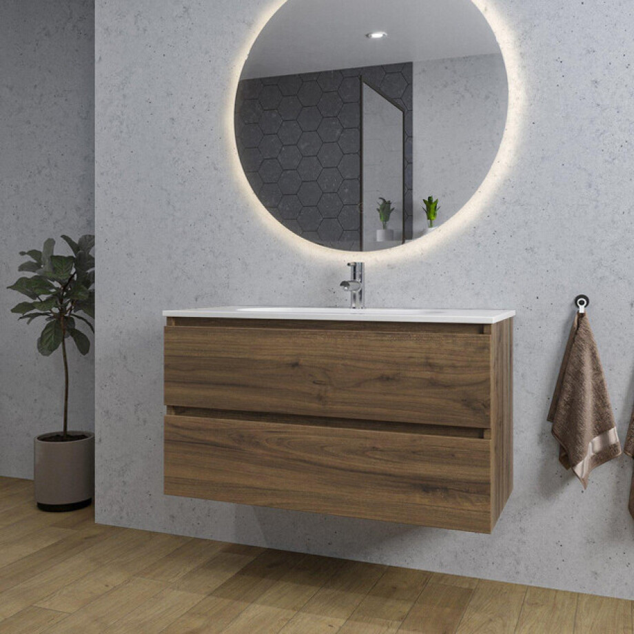 Adema Chaci Badkamermeubelset - 100x46x57cm - 1 ovale keramische wasbak wit - 1 kraangat - 2 lades - ronde spiegel met verlichting - noten (hout) SW1212772/SW718718/SW161922 Adema Chaci Badkamermeubelset - 100x46x57cm - 1 ovale keramische wasbak wit - 1 kraangat - 2 lades - ronde spiegel met verlichting - noten (hout) SW1212772/SW718718/SW161922 afbeelding 1