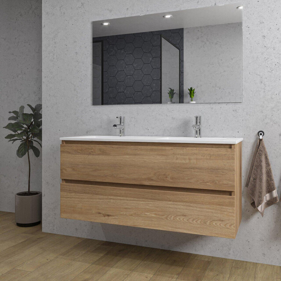 Adema Chaci Badkamermeubelset - 120x46x57cm - 2 keramische wasbakken wit - 2 kraangaten - 2 lades - rechthoekige spiegel - eiken SW1212781/SW804533/SW724613 afbeelding 1