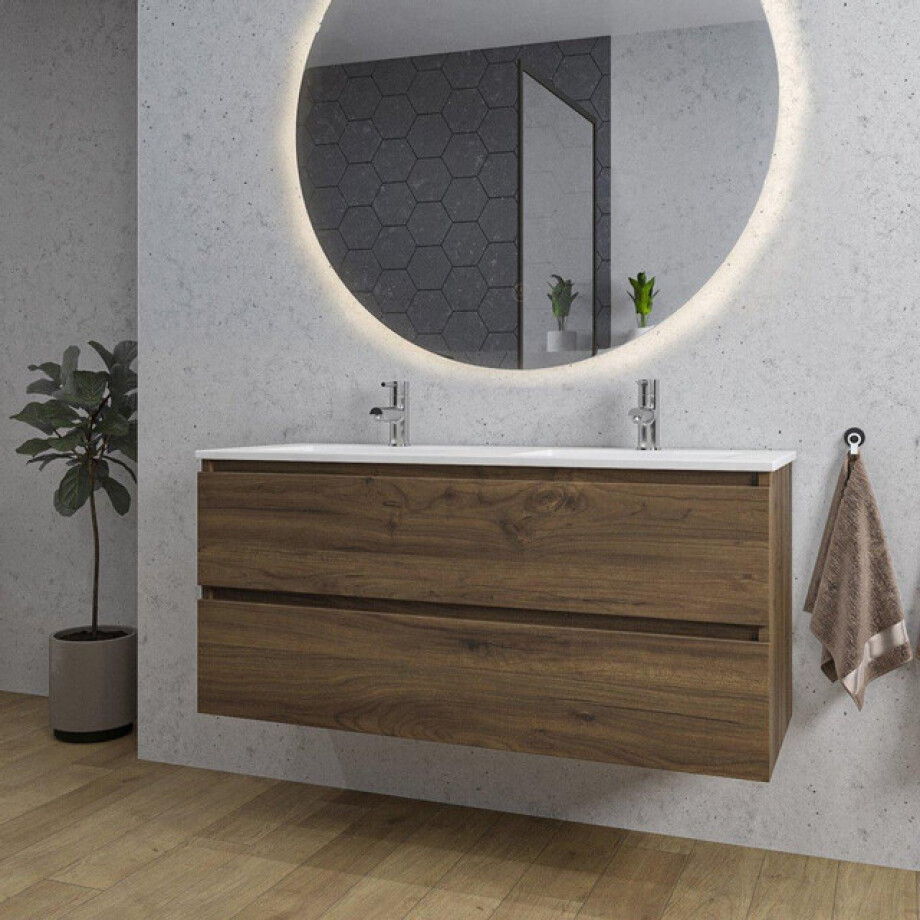 Adema Chaci Badkamermeubelset - 120x46x57cm - 2 keramische wasbakken wit - 2 kraangaten - 2 lades - ronde spiegel met verlichting - noten (hout) SW1212779/SW804533/SW161923 afbeelding 1