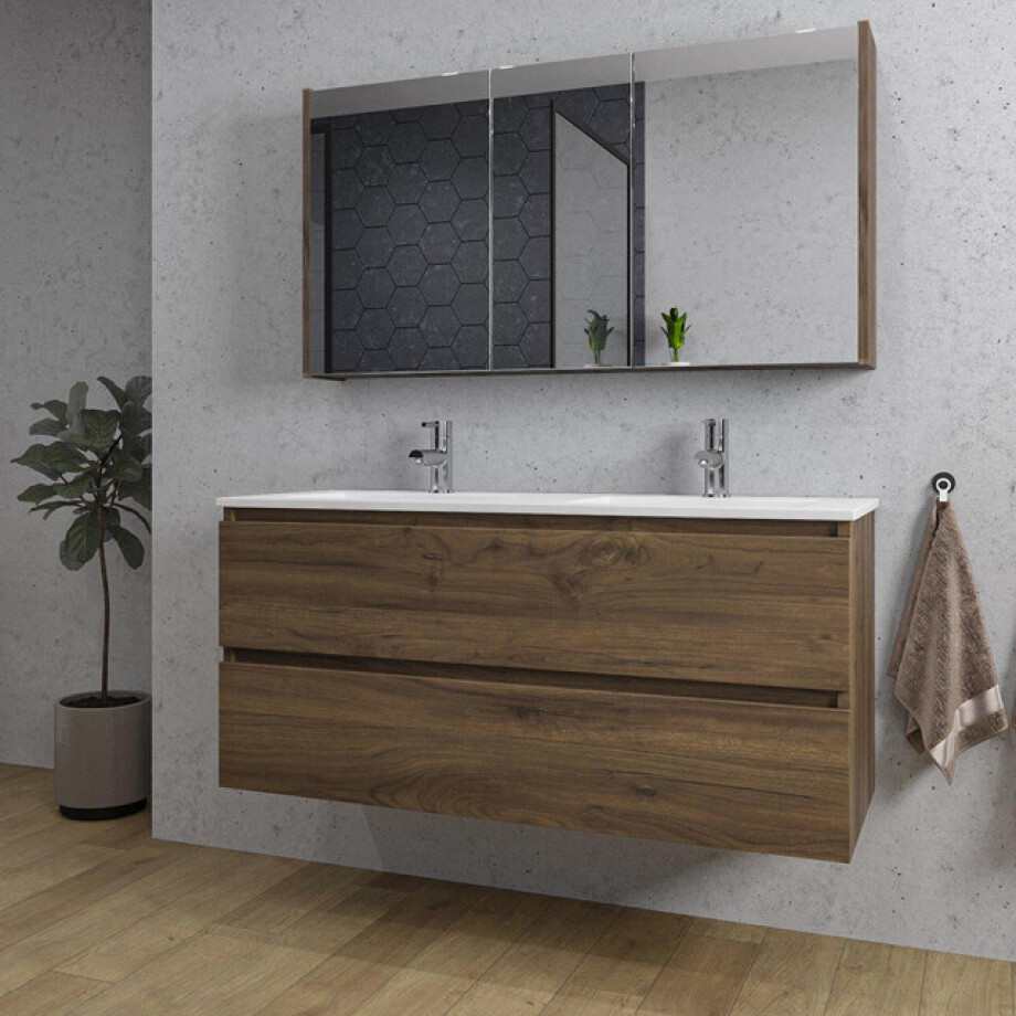 Adema Chaci Badkamermeubelset - 120x46x57cm - 2 keramische wasbakken wit - 2 kraangaten - 2 lades - Spiegelkast - noten (hout) SW804533/SW812073/SW1212818/SW1212779 Adema Chaci Badkamermeubelset - 120x46x57cm - 2 keramische wasbakken wit - 2 kraangaten - 2 lades - Spiegelkast - noten (hout) SW804533/SW812073/SW1212818/SW1212779 afbeelding 1