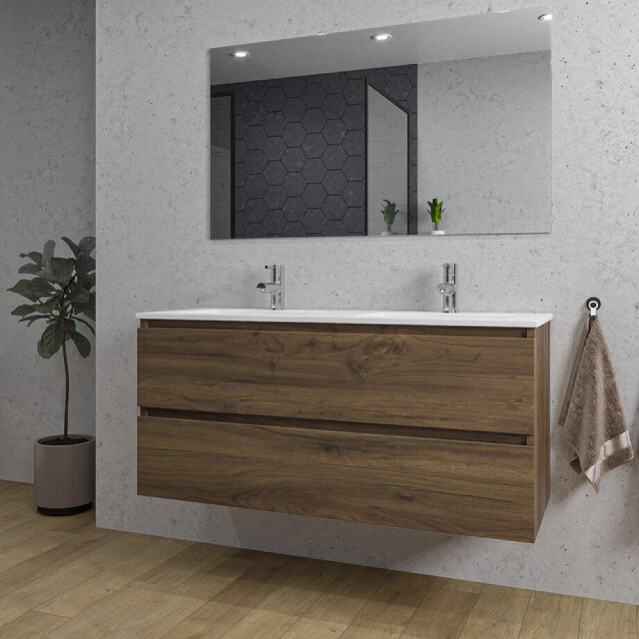Adema Chaci Badkamermeubelset - 120x46x57cm - 2 keramische wasbakken wit - 2 kraangaten - 2 lades - rechthoekige spiegel - noten (hout) SW1212779/SW804533/SW724613 afbeelding 1